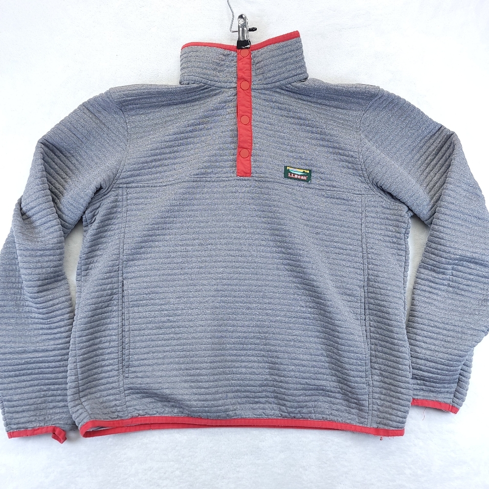 LL Bean Airlight Knit Pullover Snap Henley Mens Size L Grey Red Slighty Fitted